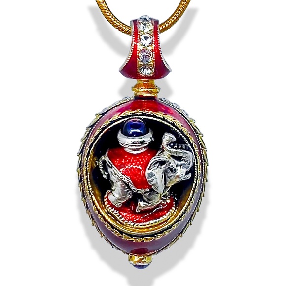 ELEPHANT STERLING SILVER Red Enamel Faberge Egg Pendant Garnets Swarovski Gold - Picture 1 of 4